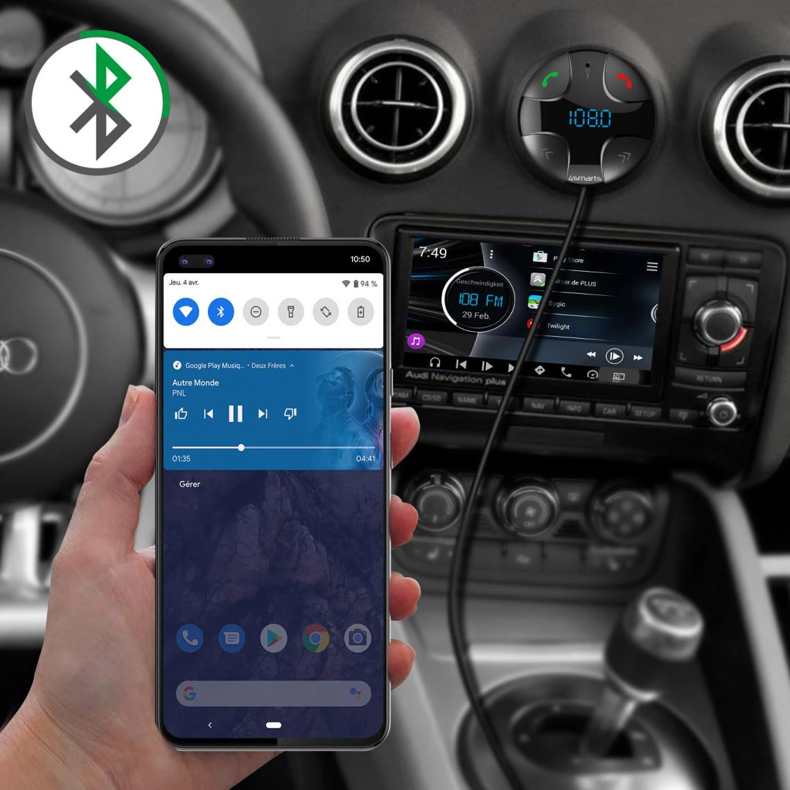 4smarts Transmetteur FM Bluetooth Chargeur Allume-cigare 3.4A Microphone 4Smar... – Image 3